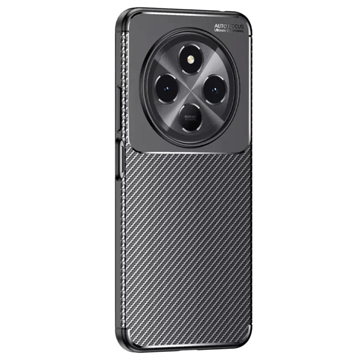 Karbon fiber dokulu, dört kameralı siyah telefon kılıfı.
