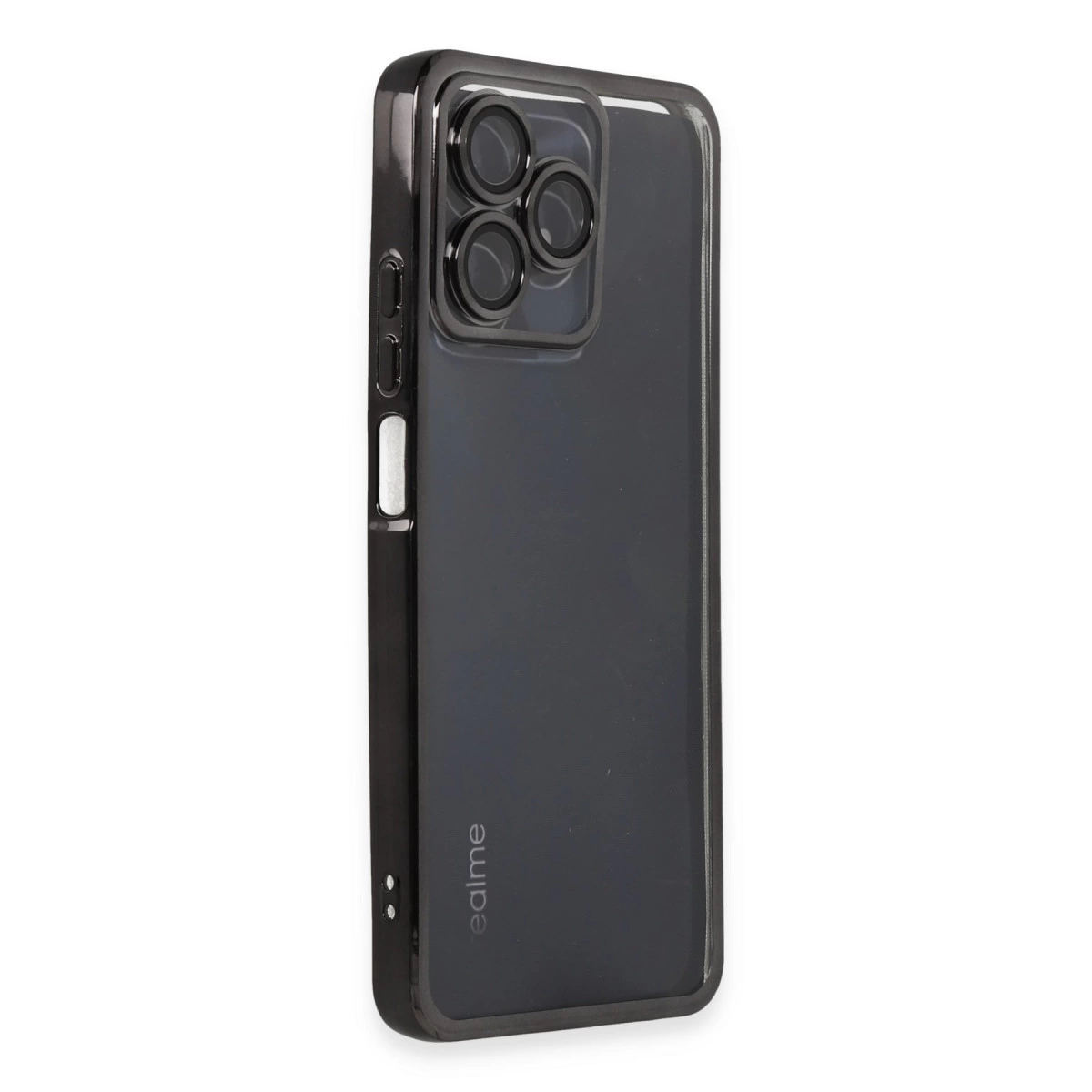 Arkada üç kamera lensi olan koyu gri telefon kılıfı.
