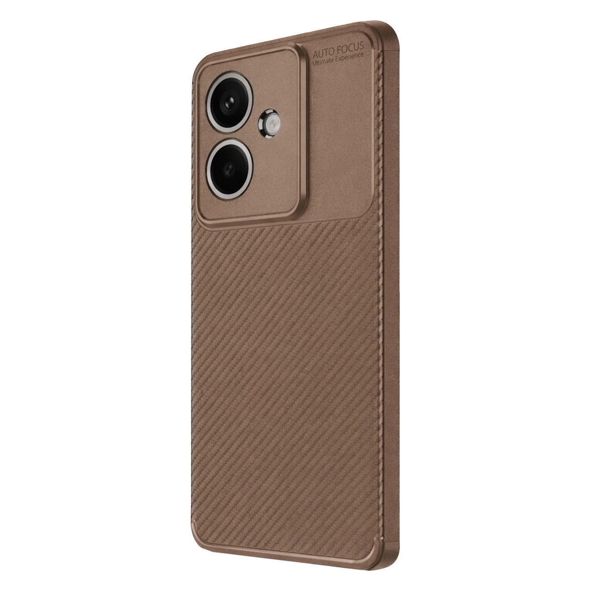 Kamera sistemli ve dokulu kahverengi telefon kılıfı.