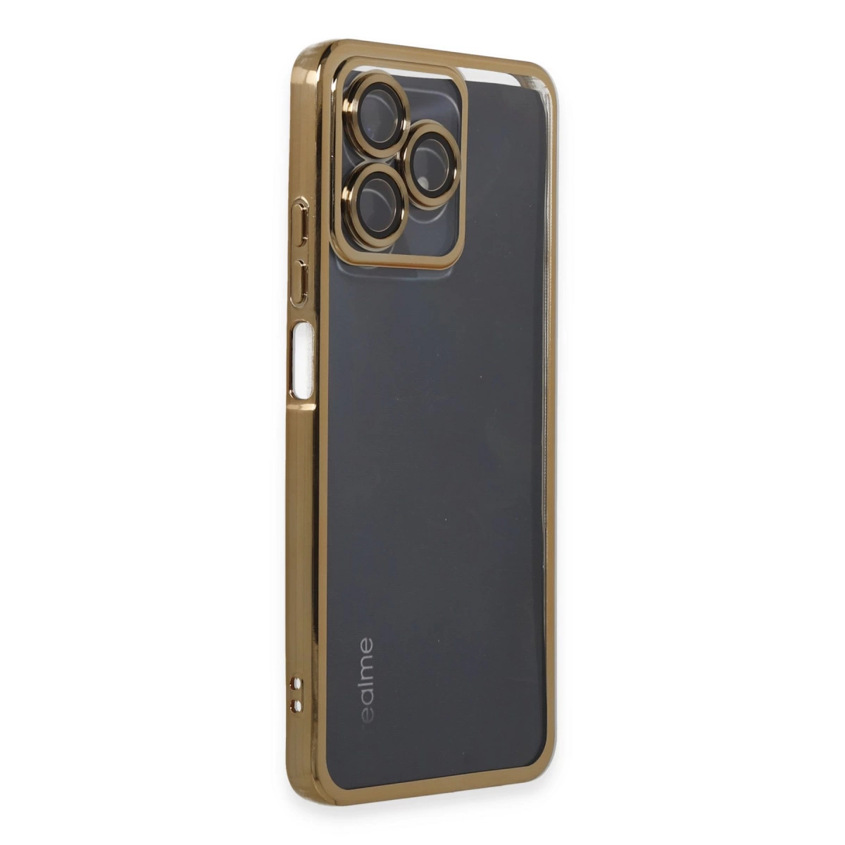 Alt&iota;n rengi telefon k&iota;l&iota;f&iota;, &ccedil;effaf arka ve &ccedil;ift kamera lens yuval&iota;&iota;.