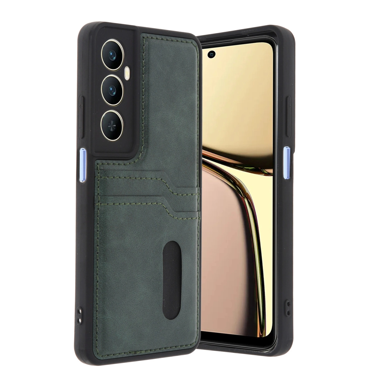Kart yuvalı ve üç kamera lensli koyu yeşil telefon kılıfı.