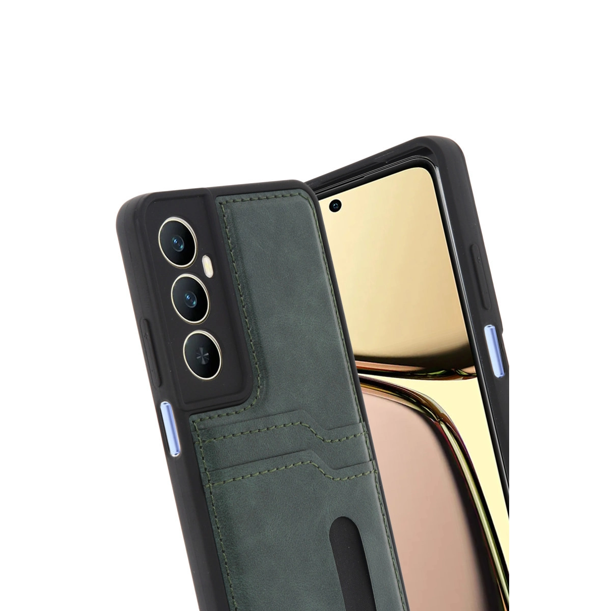 Kart yuvalı ve üç kamera lensli koyu yeşil telefon kılıfı.