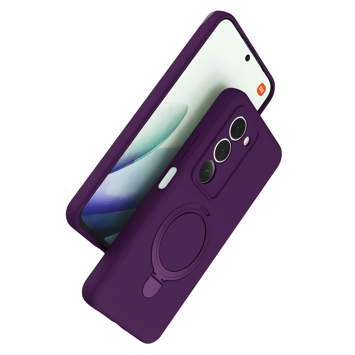 Beyaz arka plan üzerinde halka tutuculu ve kamera kesimli mor telefon kılıfı.