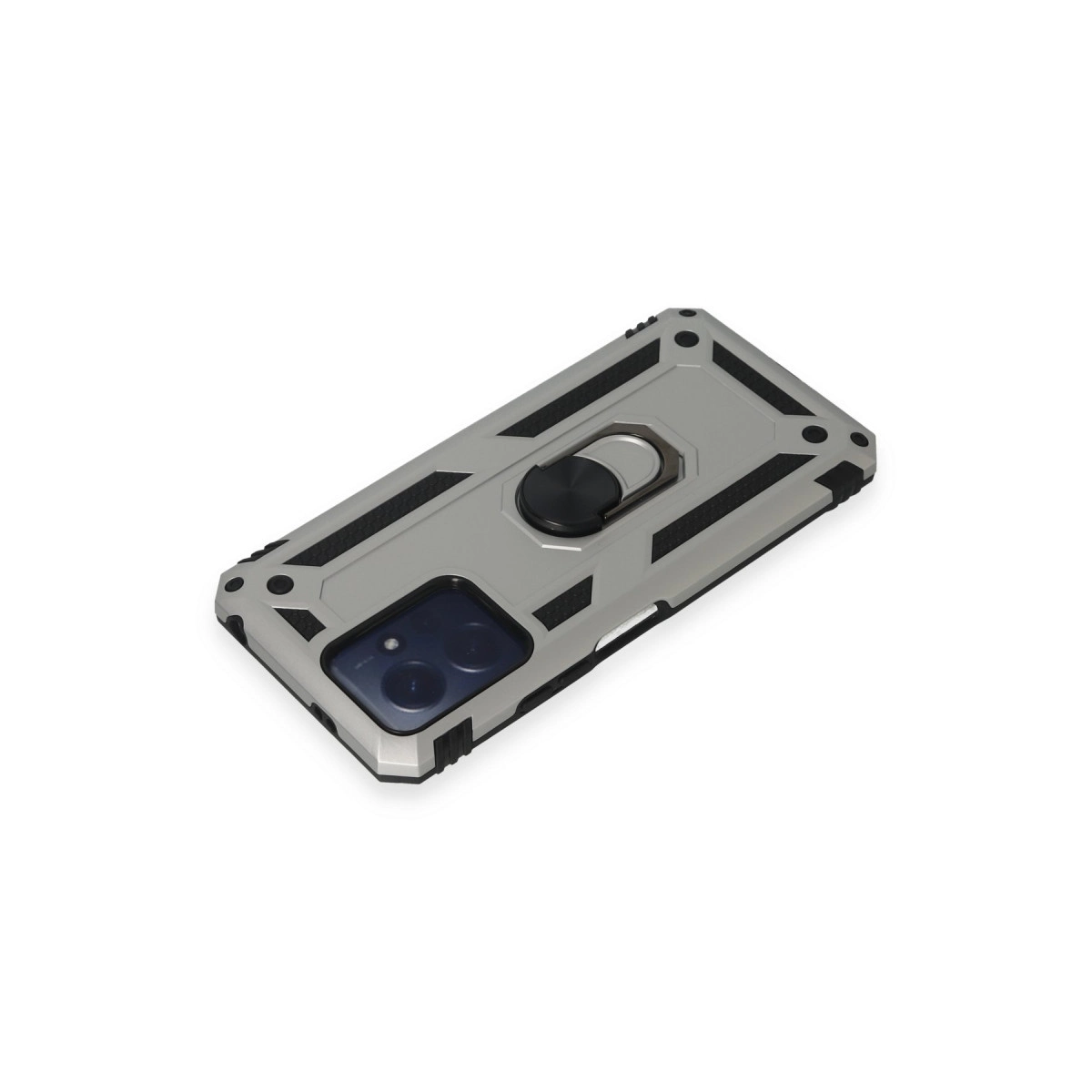 Siyah halka tutuculu gri telefon kılıfı ve kamera kesiti.