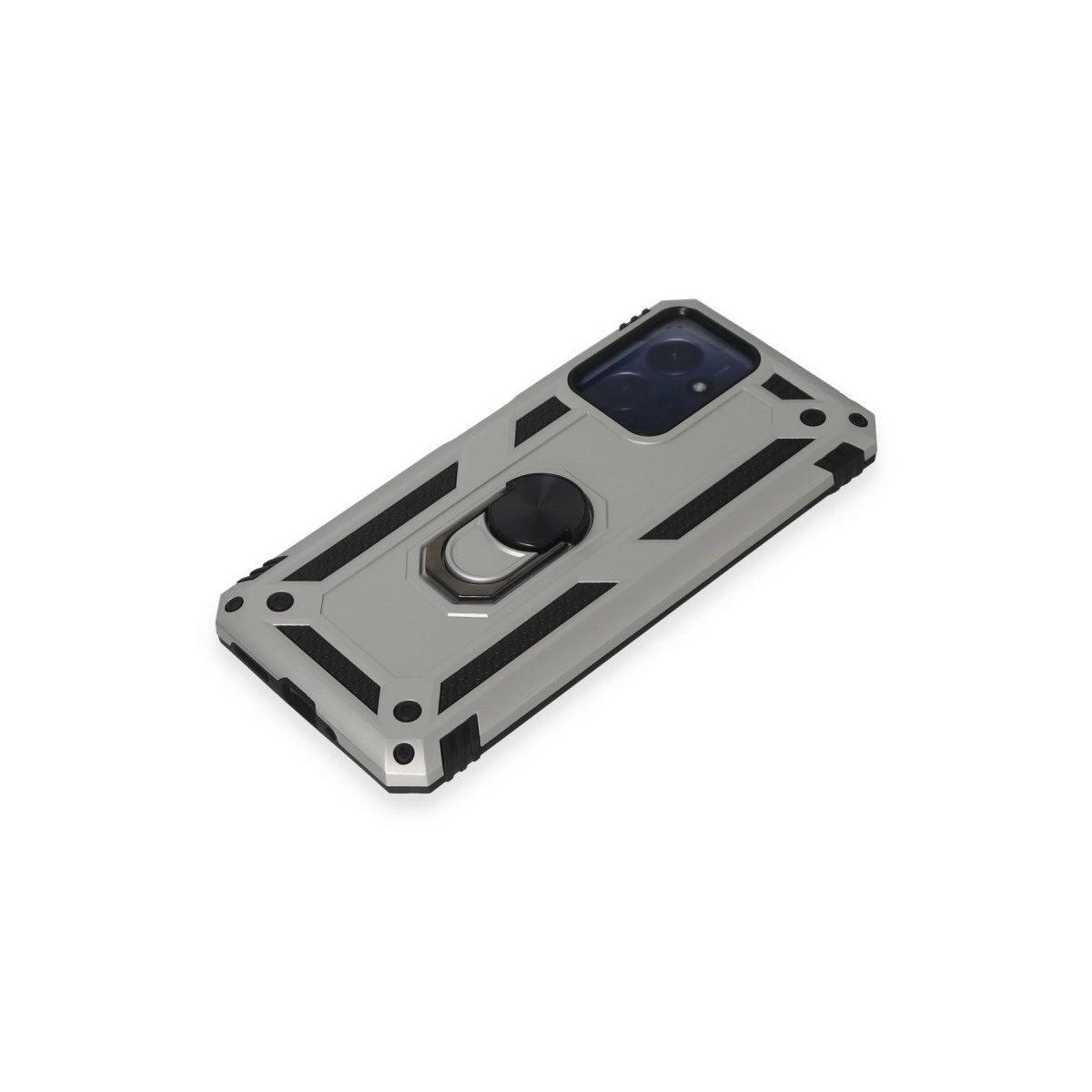 Siyah halka tutuculu gri telefon kılıfı ve vurgular.