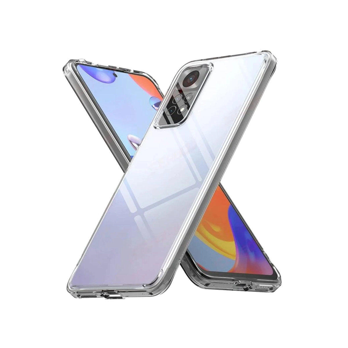 İki şeffaf telefon kılıfı üst üste konulmuş, beyaz arka plan.