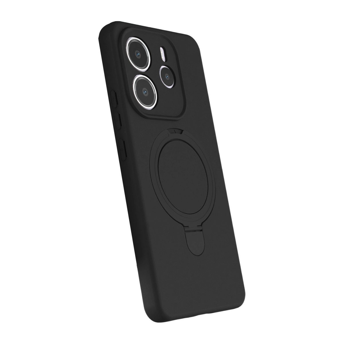 Halka tutuculu ve üç kamera lensli siyah telefon kılıfı.