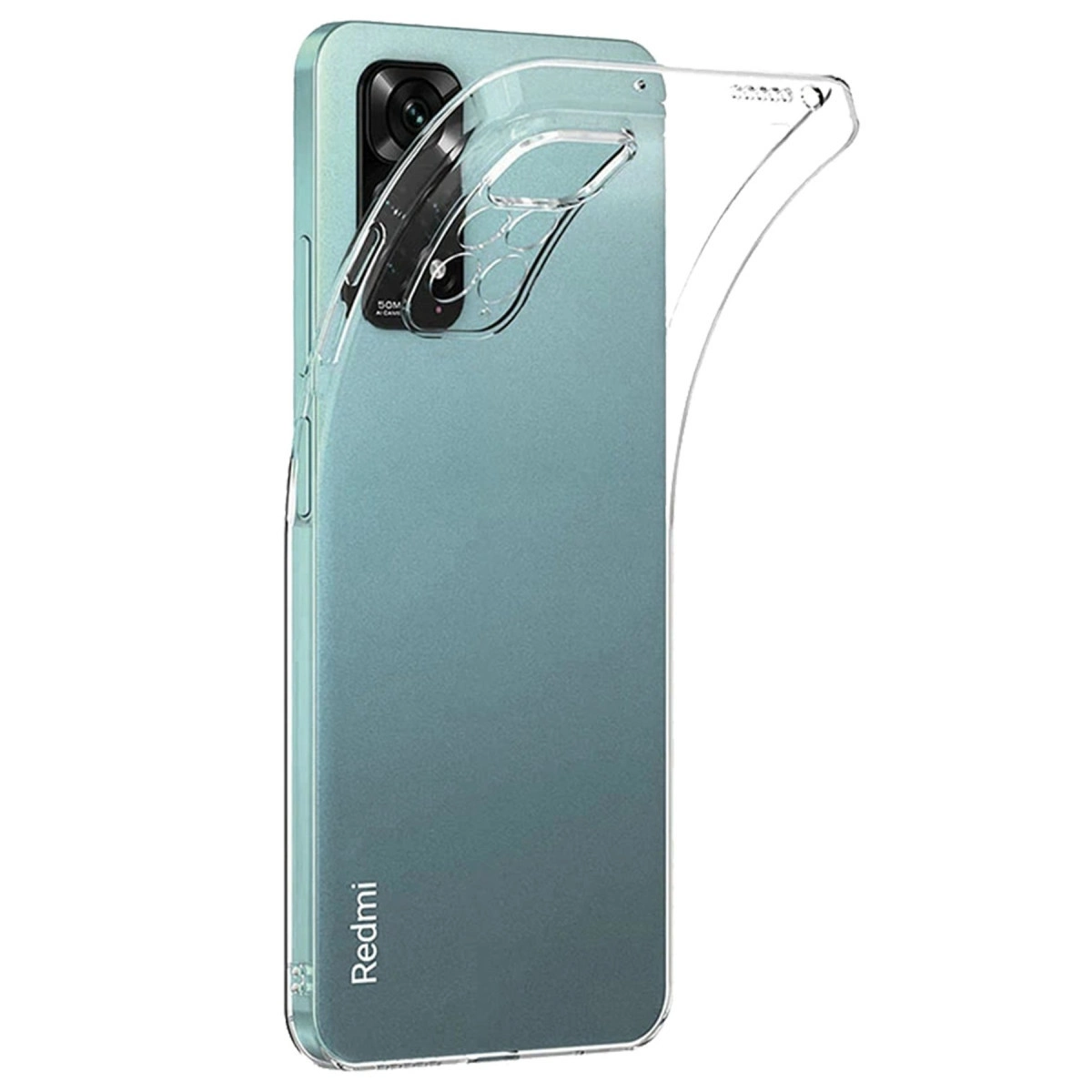 Turkuaz renkli bir telefonun üzerinde şeffaf telefon kılıfı.