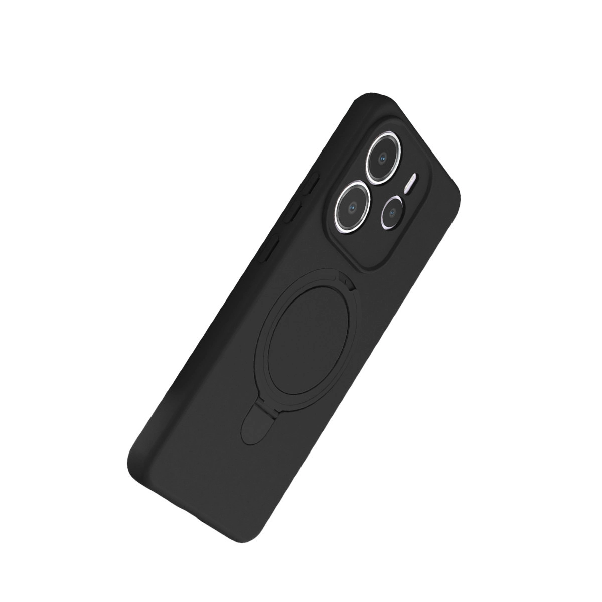 Halka tutuculu ve kamera lensi kesimli siyah telefon kılıfı.