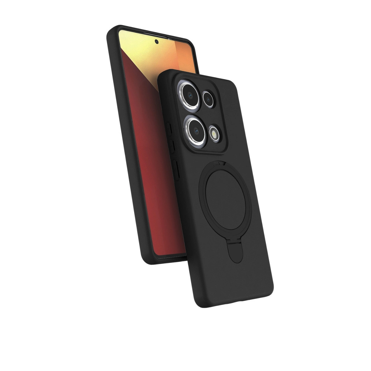 Kırmızı kenarlı telefonun önünde halka tutuculu siyah telefon kılıfı.