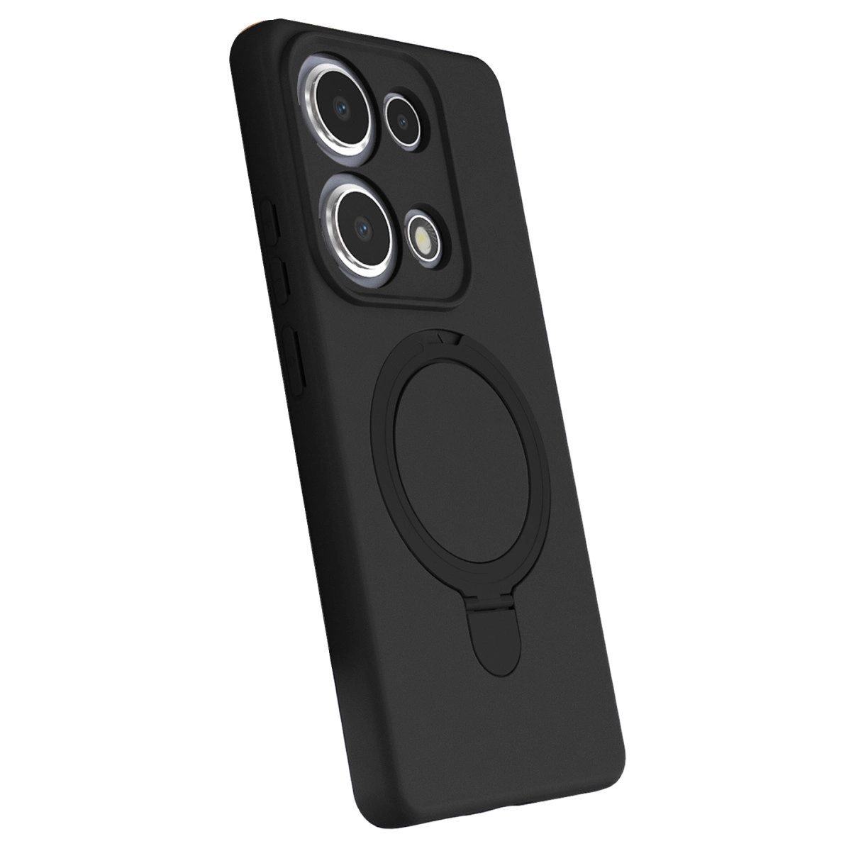 Arkada halka tutuculu ve kamera kesimli siyah telefon kılıfı, beyaz zeminde.