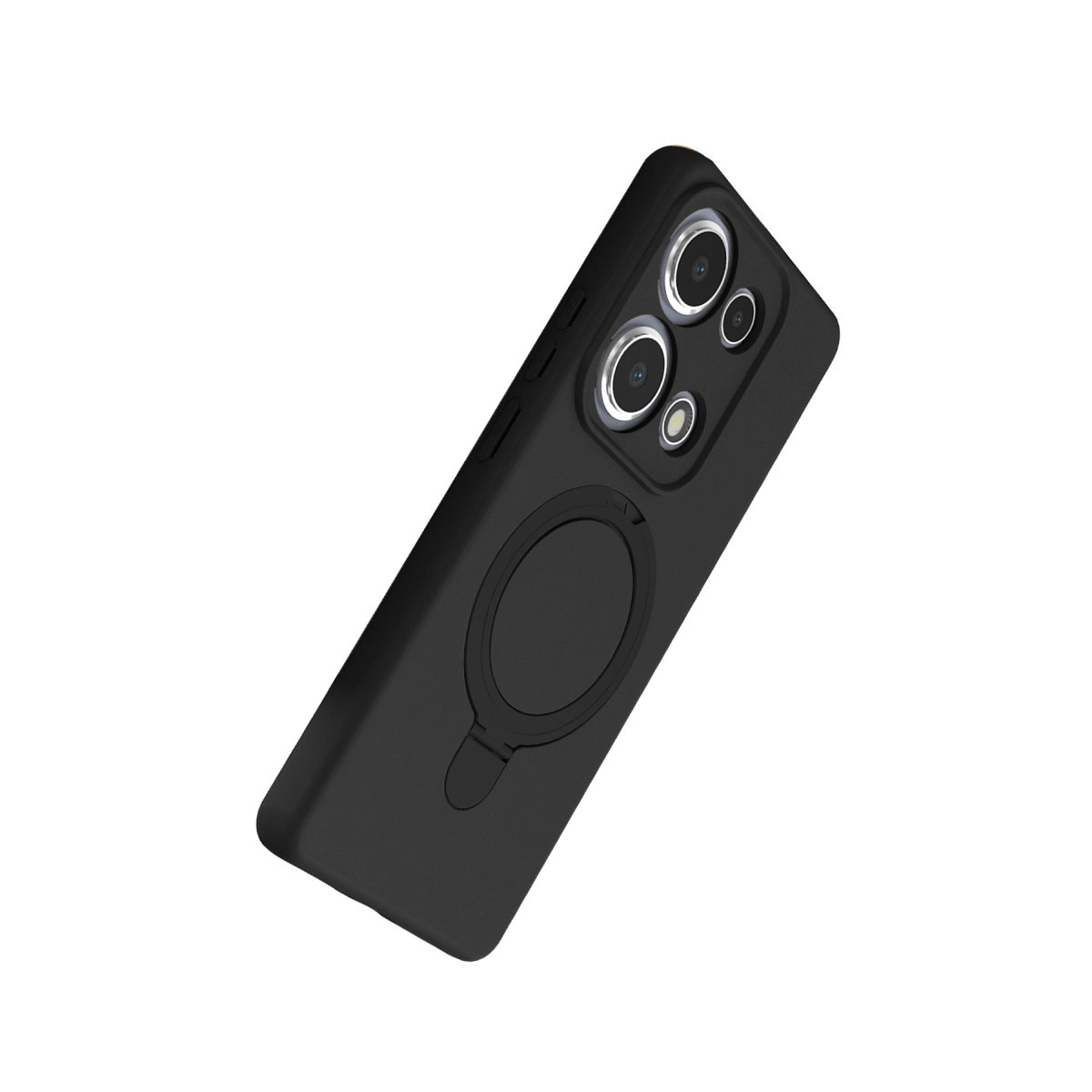 Üç kamera lensli, halka tutuculu siyah telefon kılıfı.