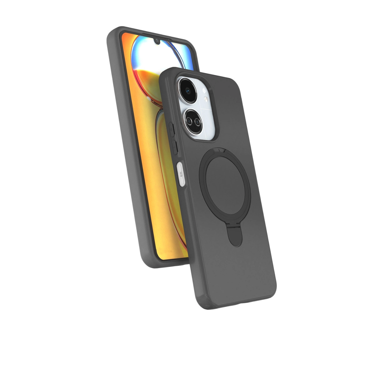 Dairesel manyetik halkalı koyu gri telefon kılıfı bir telefonda gösteriliyor.