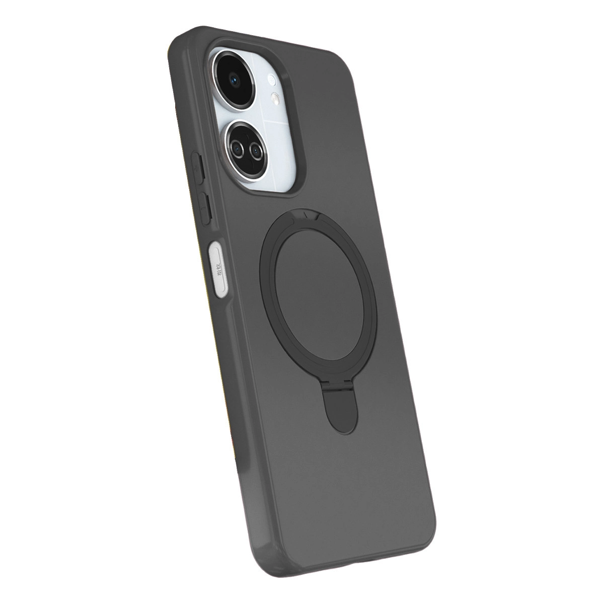 Siyah halka tutuculu ve kamera kesimli gri telefon kılıfı.