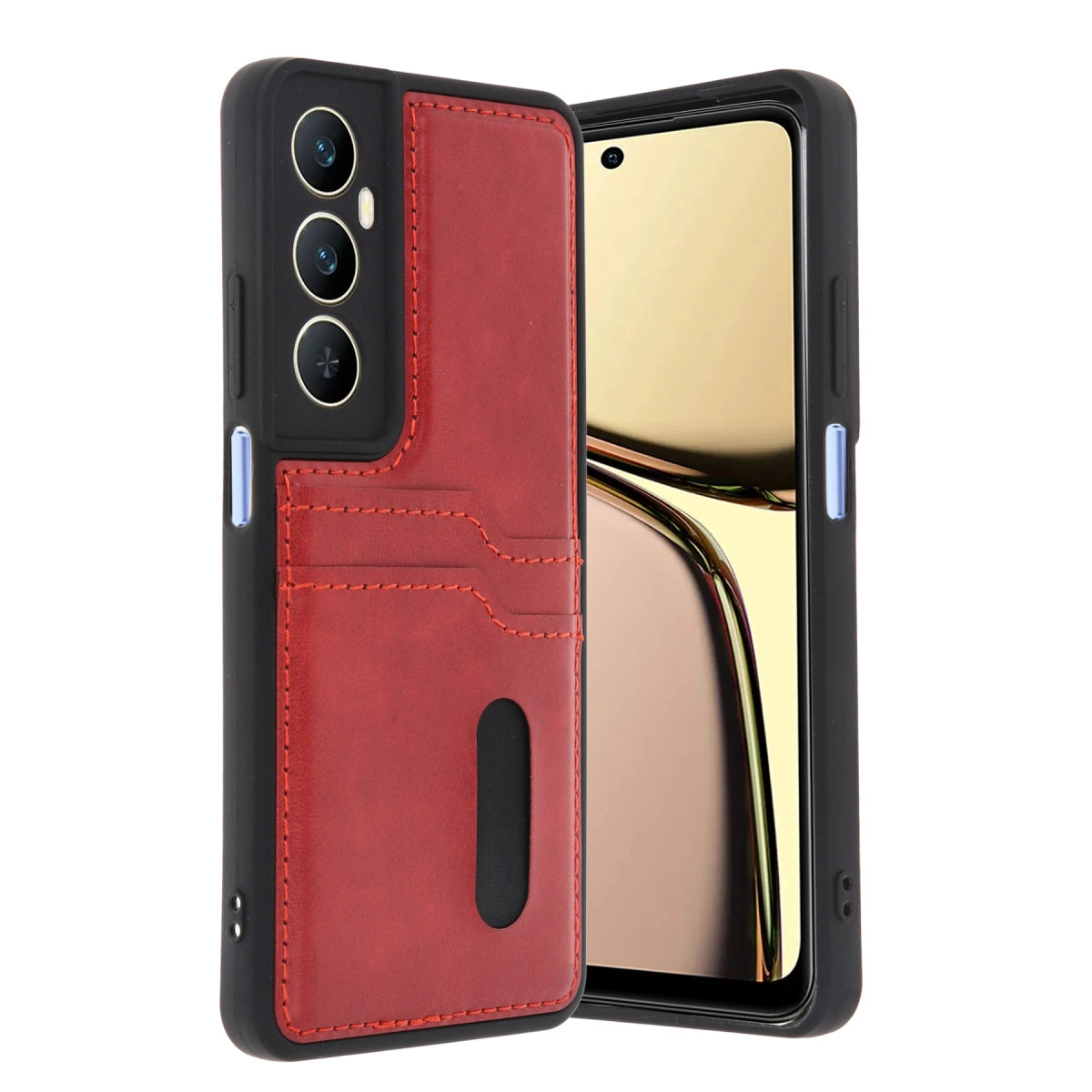 NEWFACE Realme C65 Uyumlu Sara Kartvizitli Deri Telefon Kılıfı Kırmızı