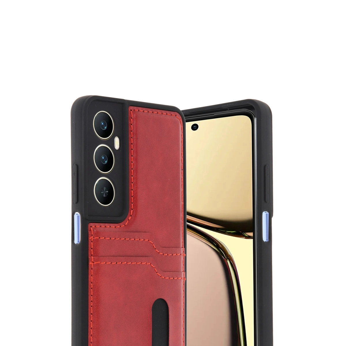 Kart yuvalı ve üç kameralı kırmızı telefon kılıfı.