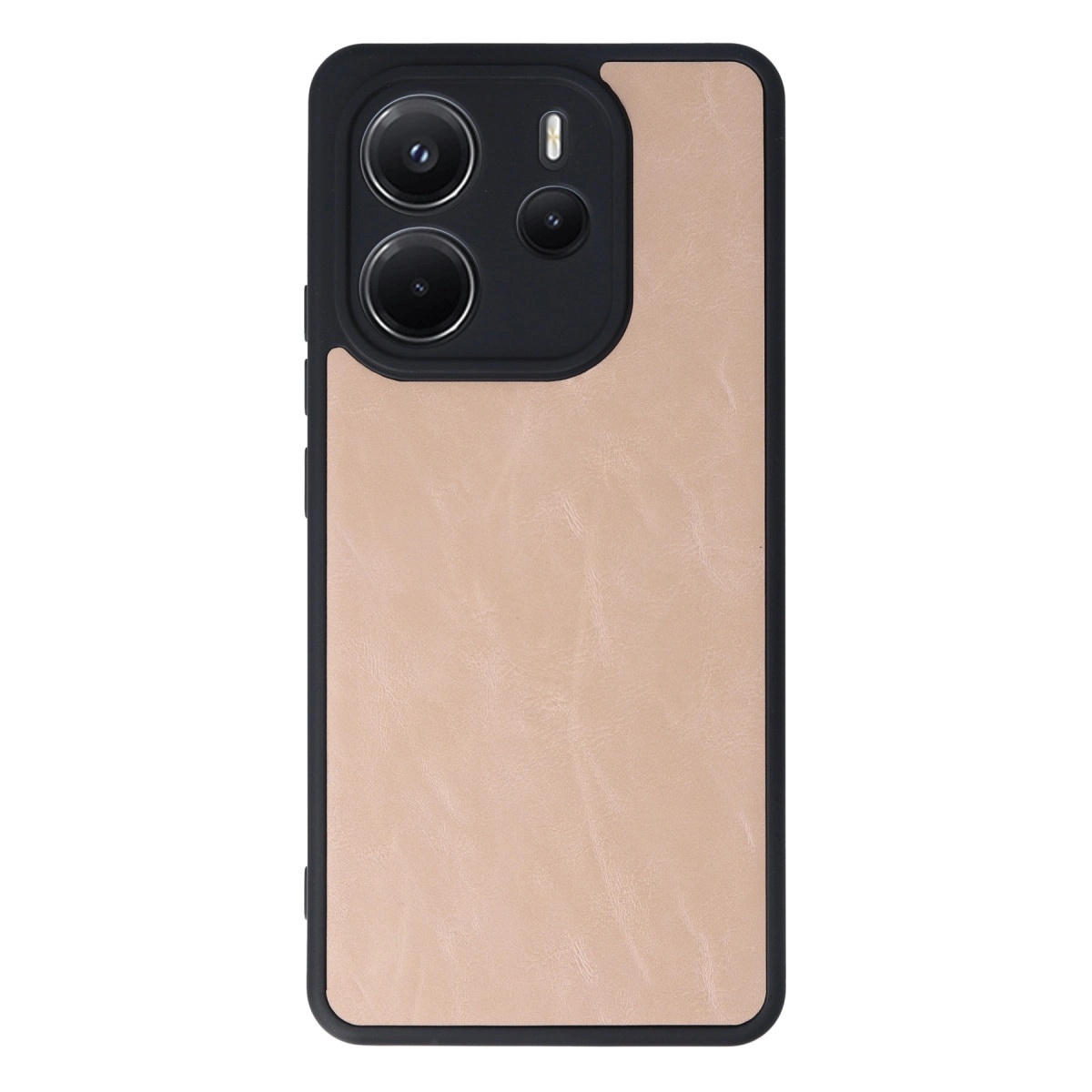 Açık kahverengi deri telefon kılıfının arkası, siyah kamera modölü.