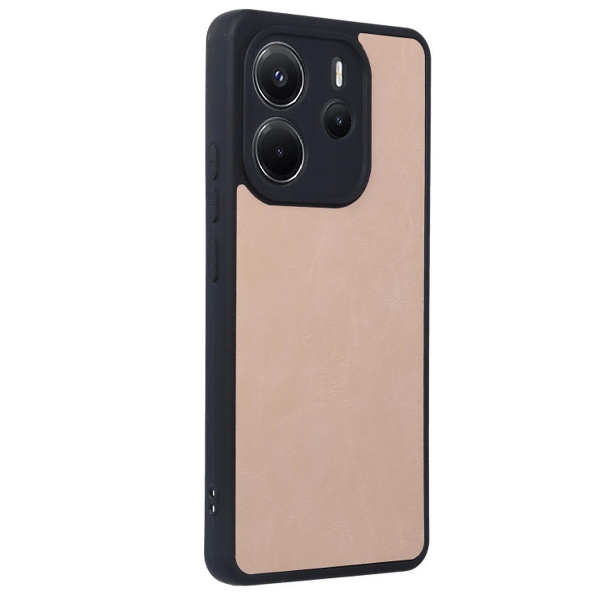 Çift kameralı siyah telefon kılıfı ve açık kahverengi deri arka panel.