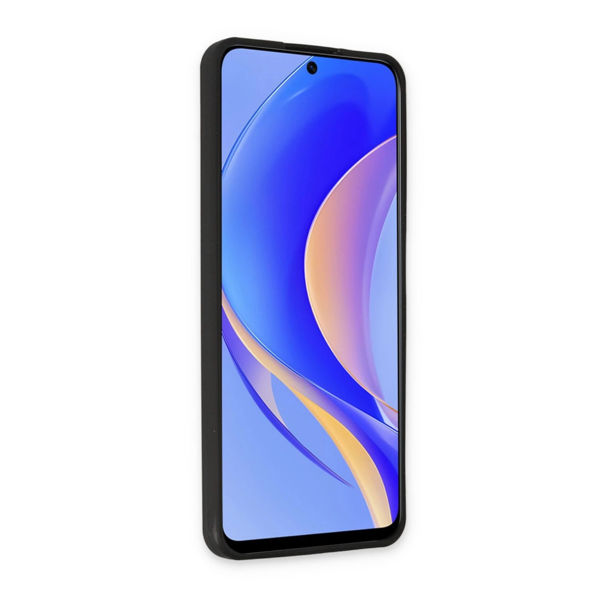 Soyut mavi ve sarı duvar kağıdı gösteren siyah bir akıllı telefon.