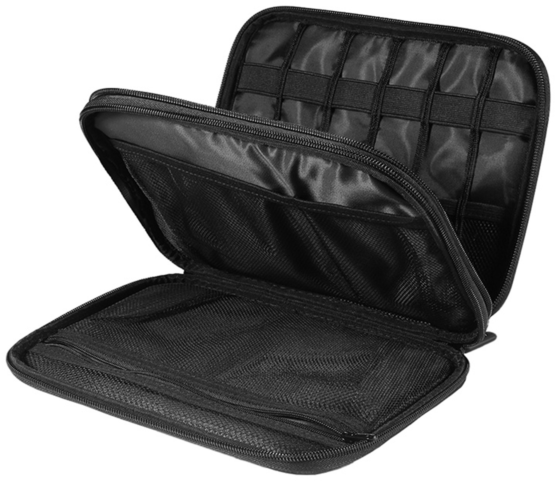 Otwarta czarna torba z wieloma przegrodami i gumkami.