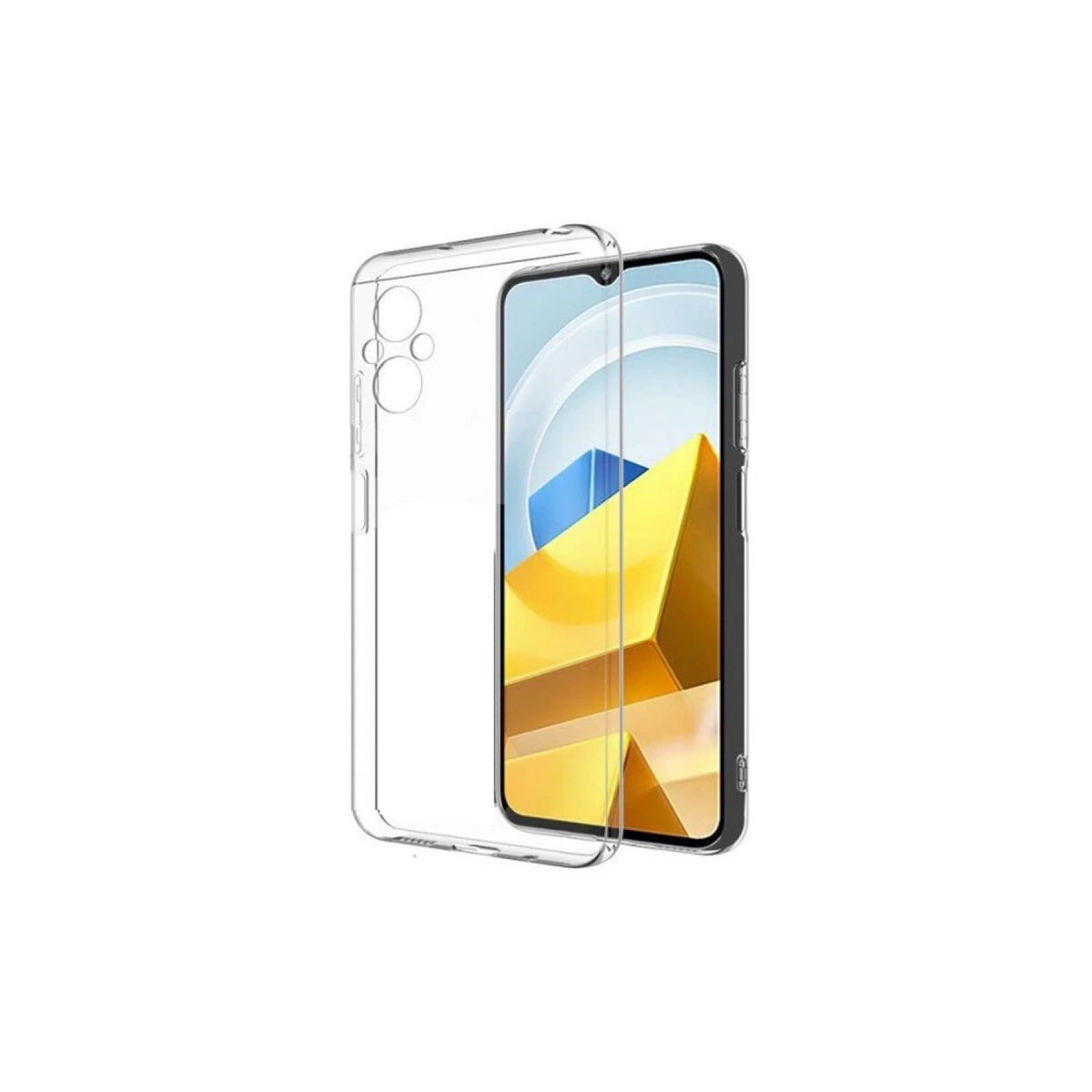 Ekranında sarı ve mavi geometrik şekiller gösteren bir akıllı telefonun yanında şeffaf bir telefon kılıfı duruyor.