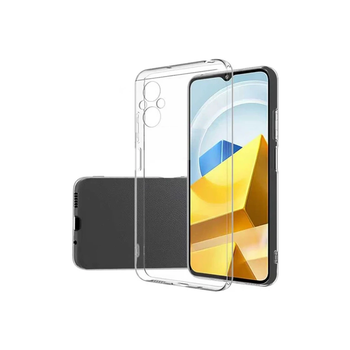 Sarfı telefon kılıfı, sarı/mavi arka planlı bir akıllı telefonun yanında duruyor.