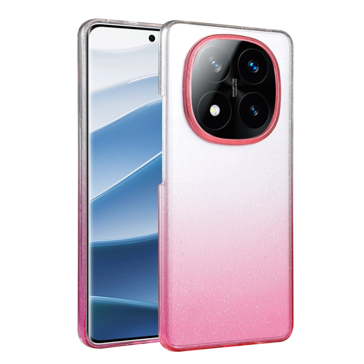 Kamera kesimli, simli pembe telefon kılıfı.