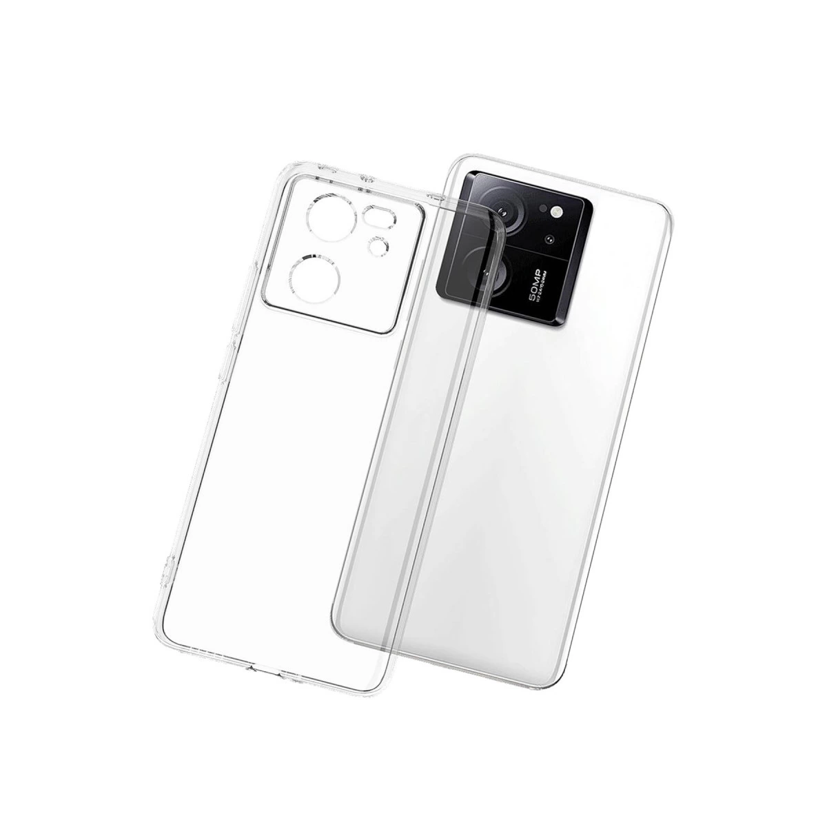 Beyaz bir arka plan üzerinde şeffaf bir telefon kılıfı duruyor.