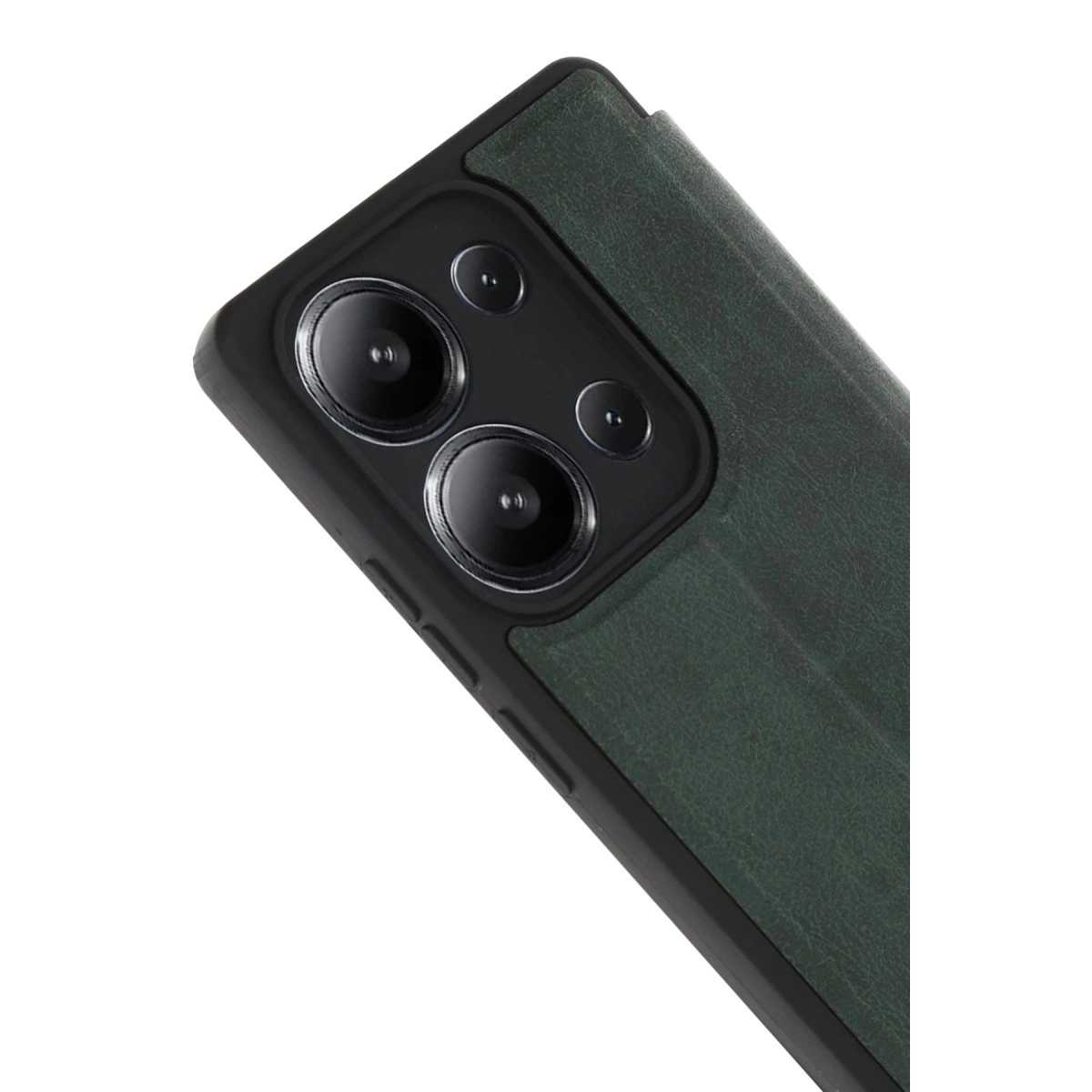 Siyah arka plan üzerinde kamera dizilimli koyu yeşil telefon kılıfı.