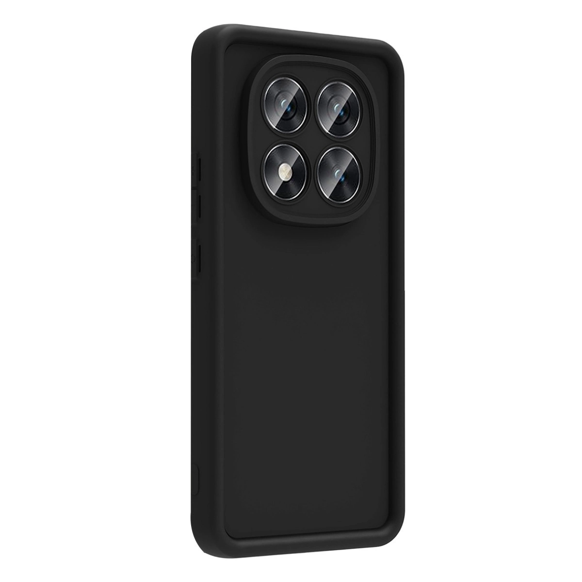 Dört lensli kare kamera modülüne sahip siyah telefon kılıfı.