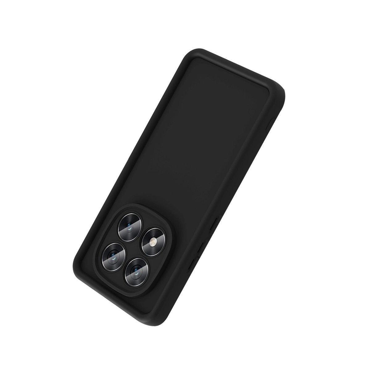 Beyaz arka plan üzerinde dört kamera lensli siyah telefon kılıfı.