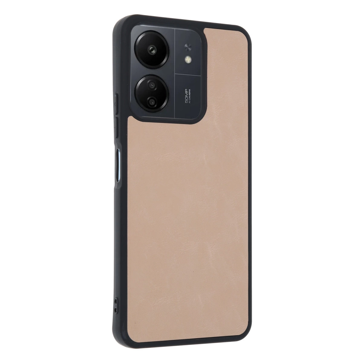 Açık kahverengi deri dokulu siyah telefon kılıfının arkası ve kamera modülü.