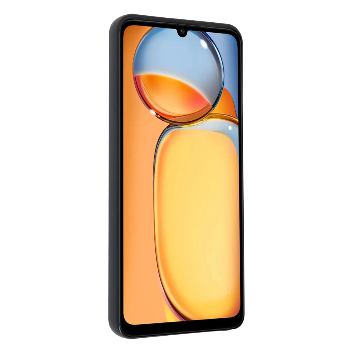 Baloncuklar ve turuncu tonlardan oluşan renkli duvar kağıdı gösteren siyah akıllı telefon.
