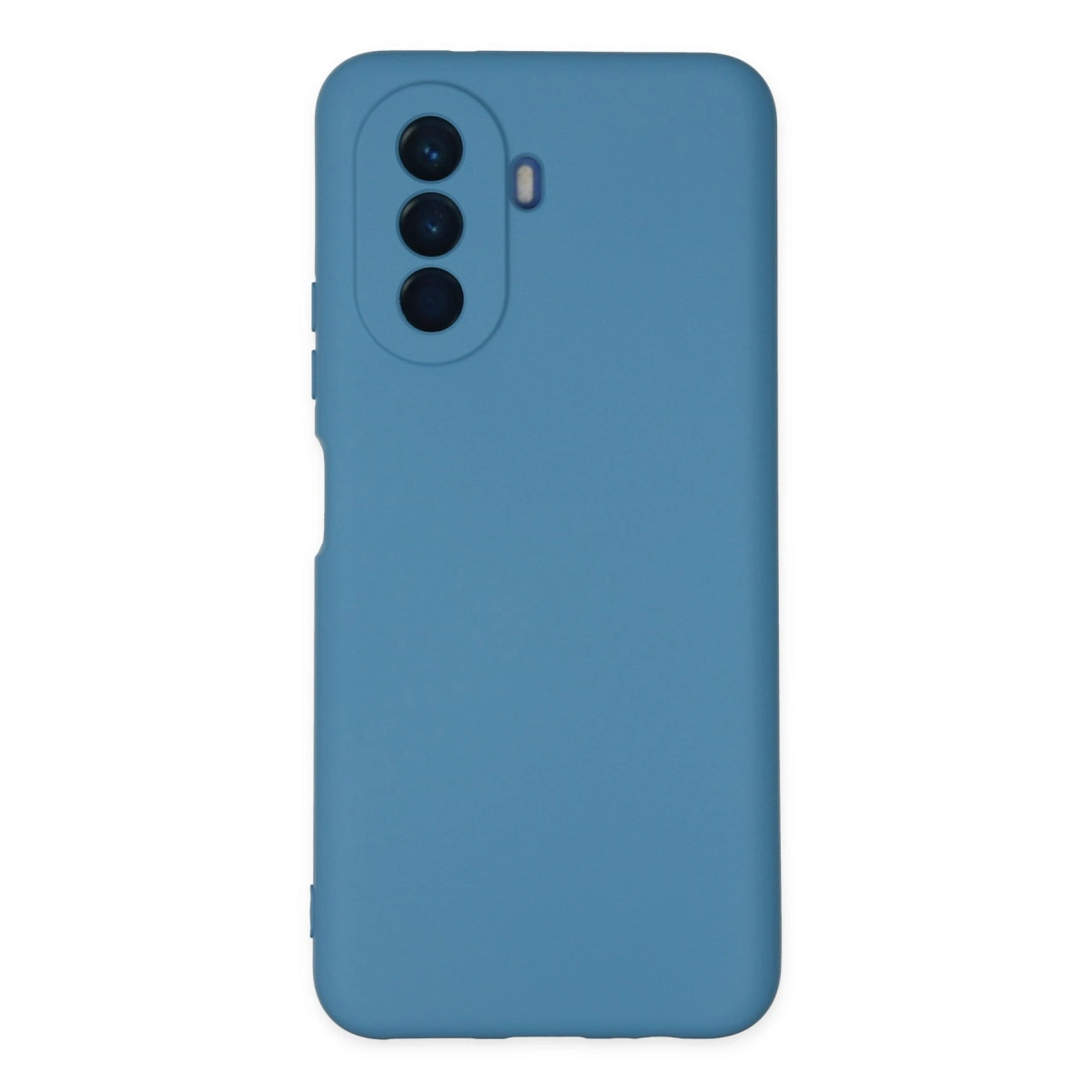 Üç kamera lensli ve küçük oval kesimli mavi telefon kılıfı.