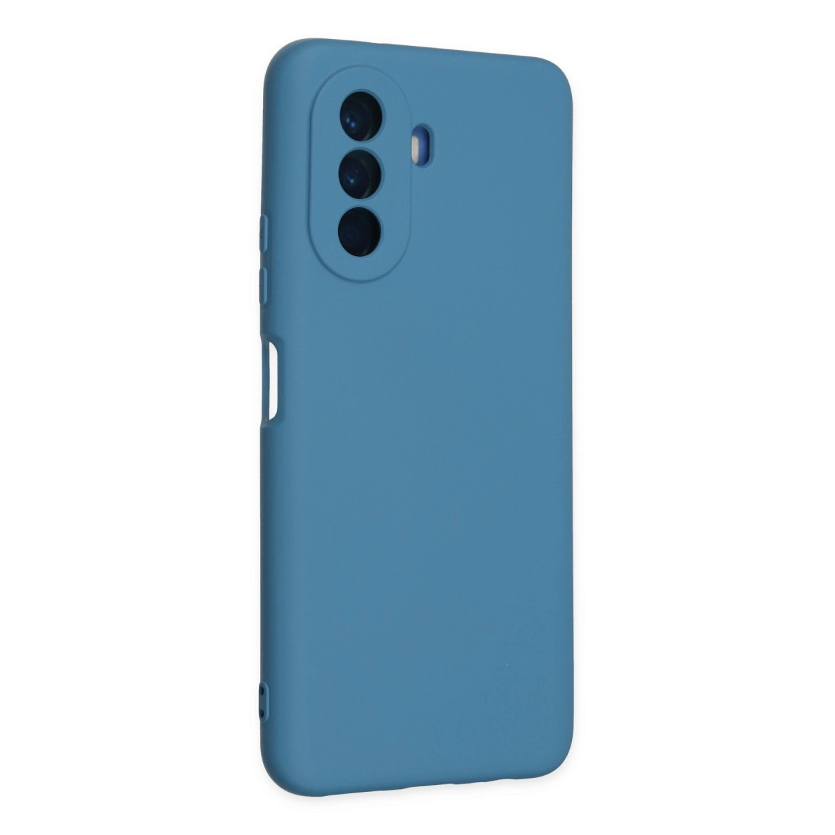 Üç kamera lensi ve flaşlı mavi telefon kılıfı.