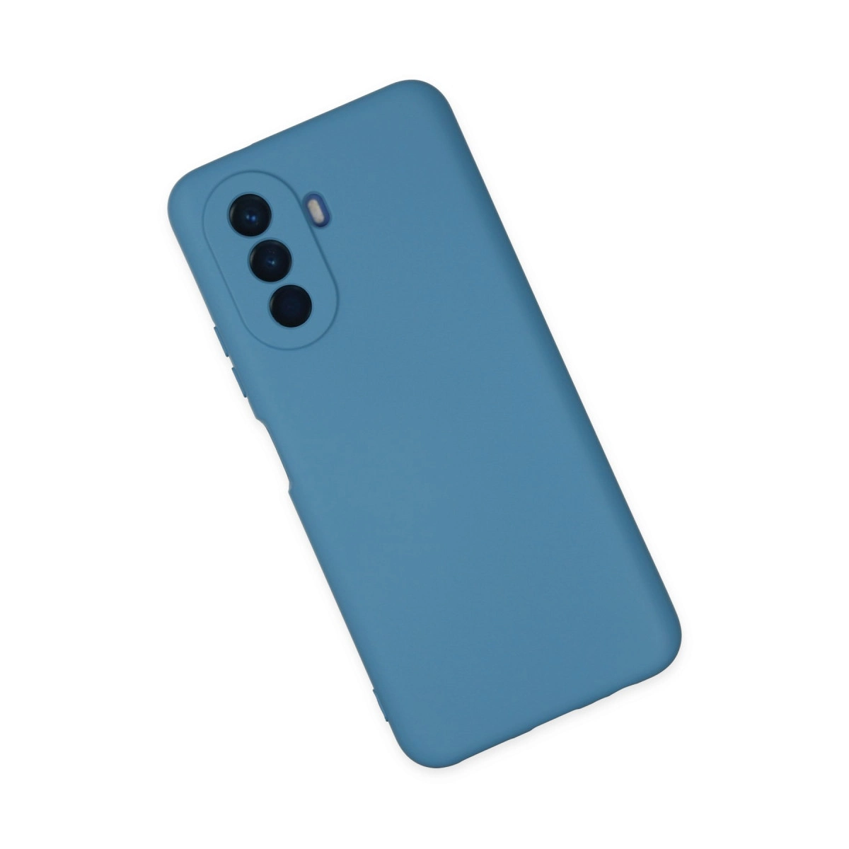 Üçlü kamera kesimli ve flaşlı mavi telefon kılıfı.