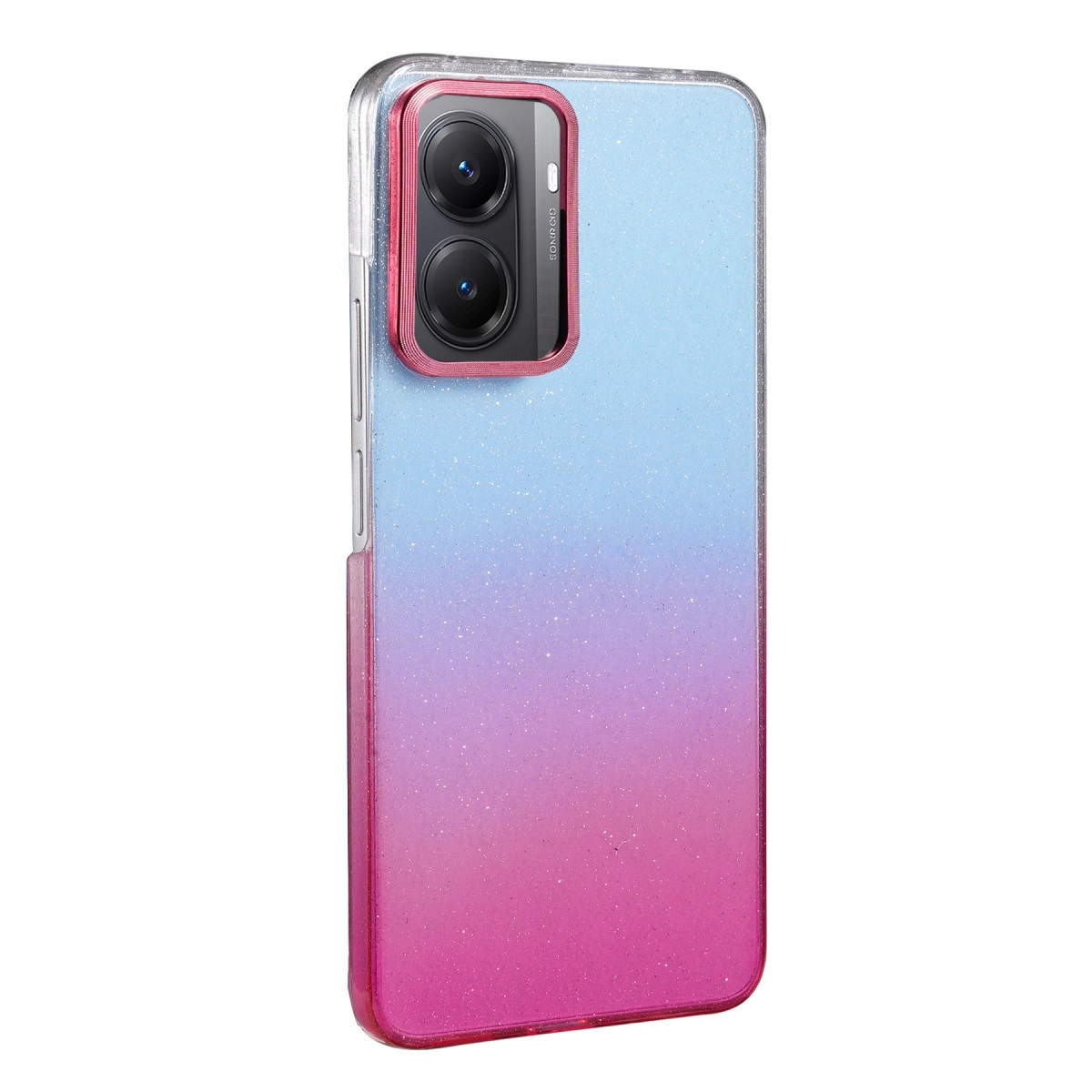 Mavi-pembe geçişli ve simli kaplamalı bir akıllı telefon.