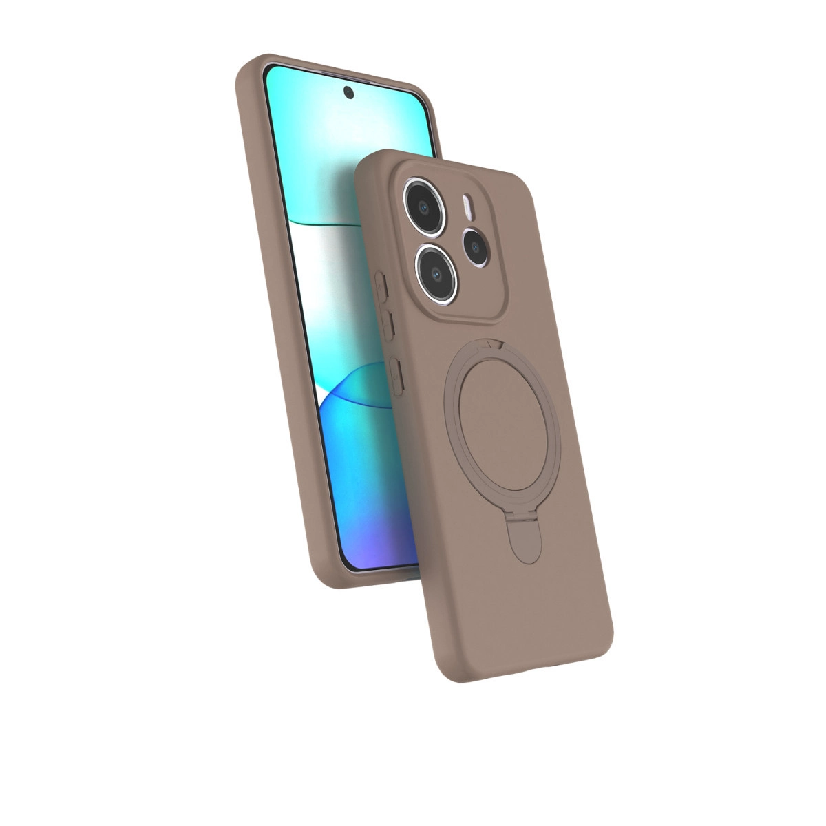 Halka tutuculu, taupe renkli bir telefon ve koruyucu kılıfı.