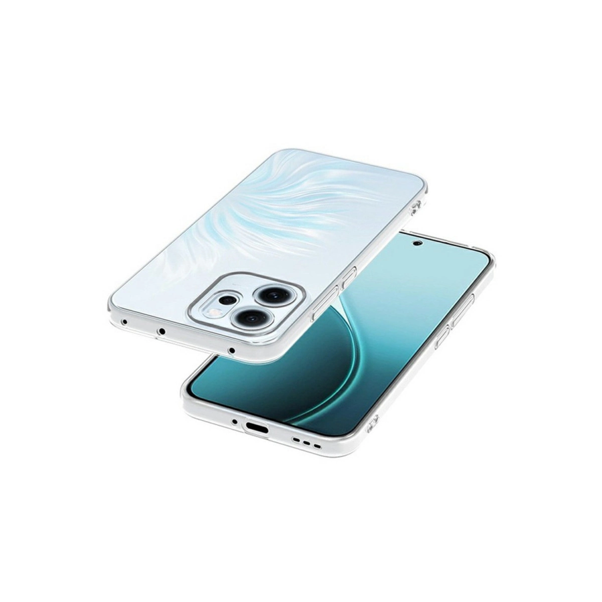 Akıllı telefon üzerinde mavi desenli şeffaf telefon kılıfı.