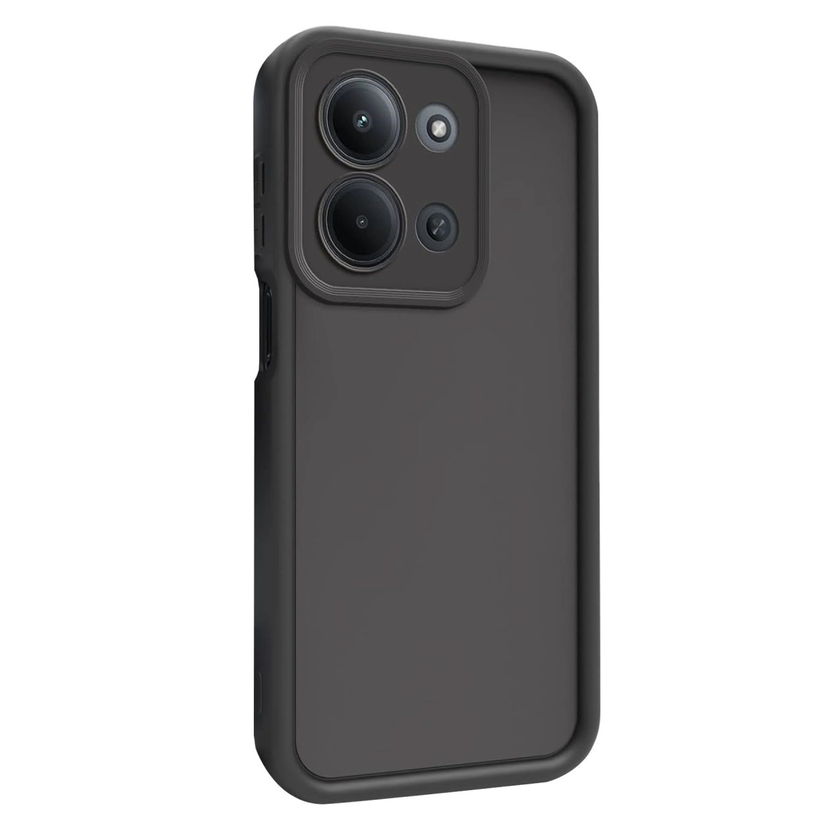 Üç kamera lensi ve flaşlı koyu gri telefon kılıfı beyaz arka planda.