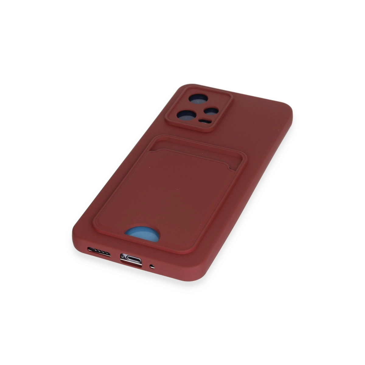 Beyaz arka plan üzerinde kart yuvası ve kamera kesiği bulunan bordo rengi telefon kılıfı.