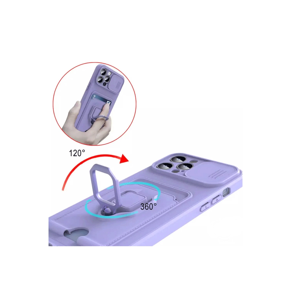 Halka tutuculu ve kamera kapaklı mor telefon kılıfı. 120° ve 360°.