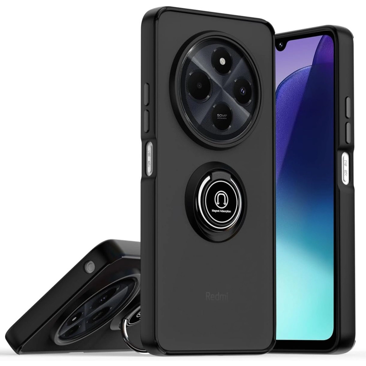 Üç kameralı siyah telefon kılıfı, halka tutucu ile, akıllı telefonun yanında.