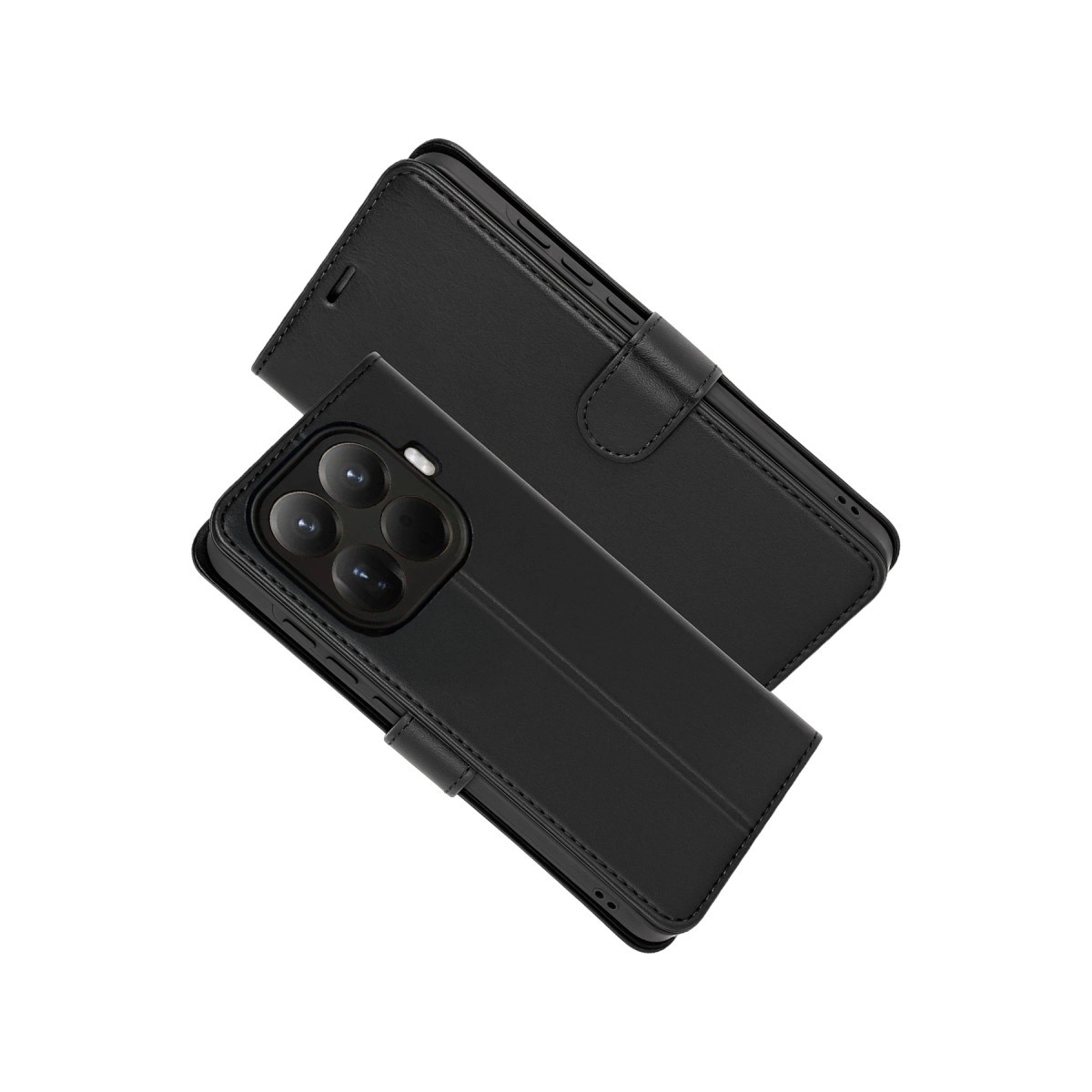 Beyaz arka planda iki siyah deri telefon kılıfı.