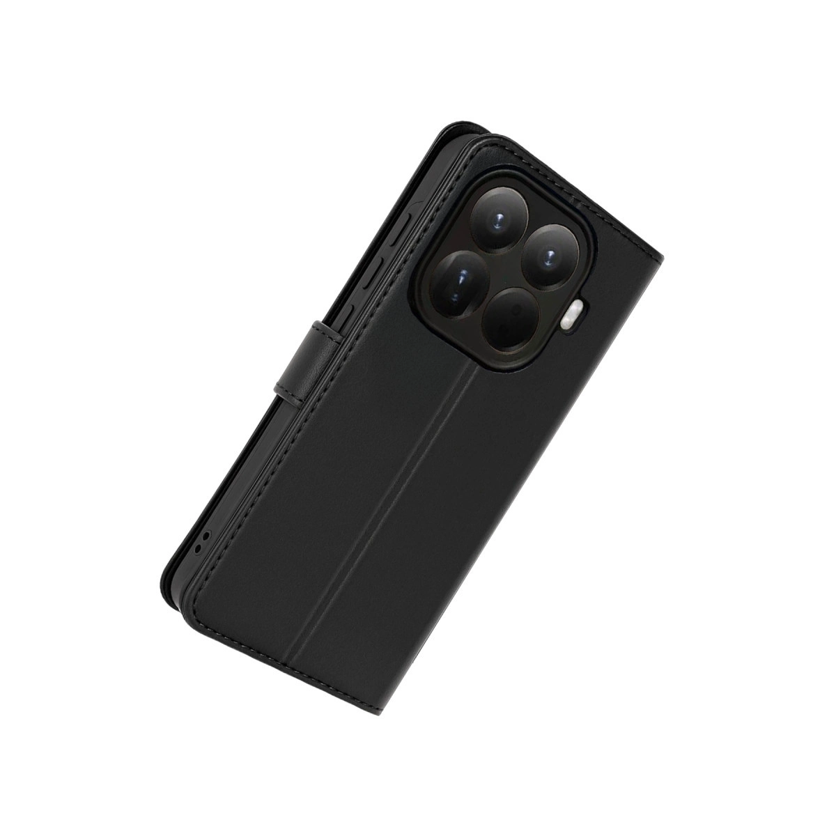 Beyaz arka plan üzerinde dört kamera lensi ve flaşlı siyah telefon kılıfı.