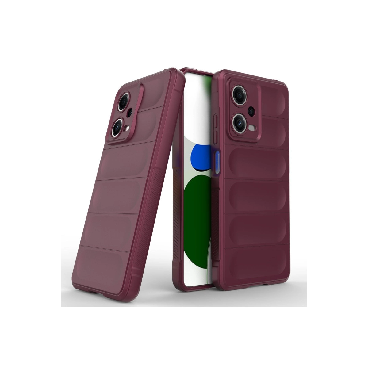 Yatay çıkıntılı ve kamera modüllü iki bordo telefon kılıfı.