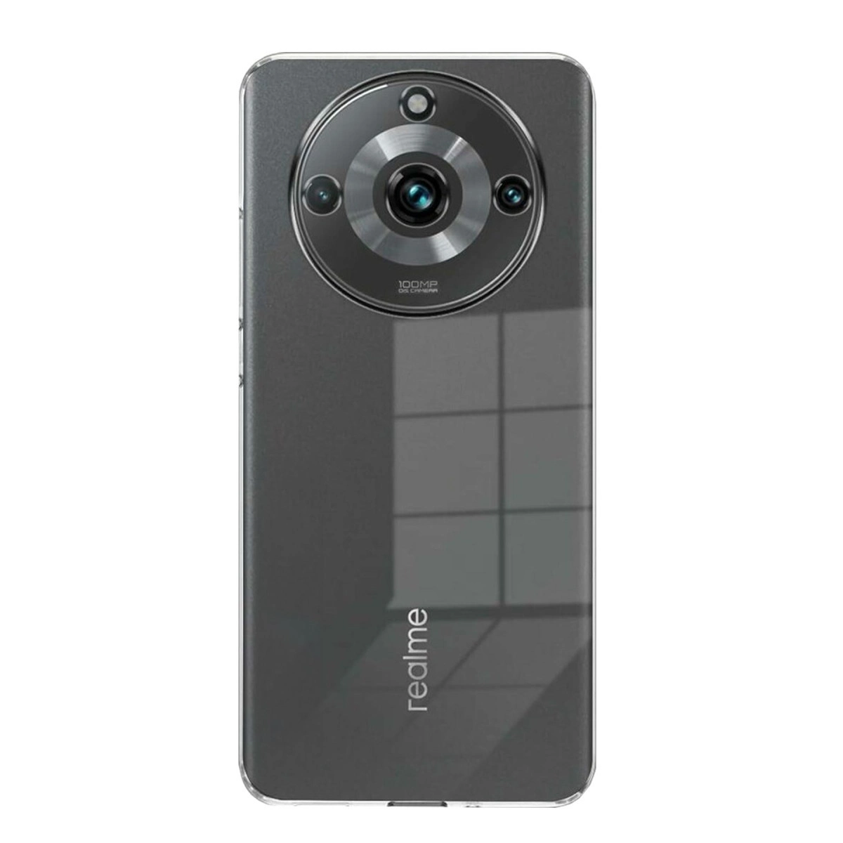 Dairesel kamera modülü ve Realme logosu bulunan koyu renkli bir akıllı telefonun arkası.