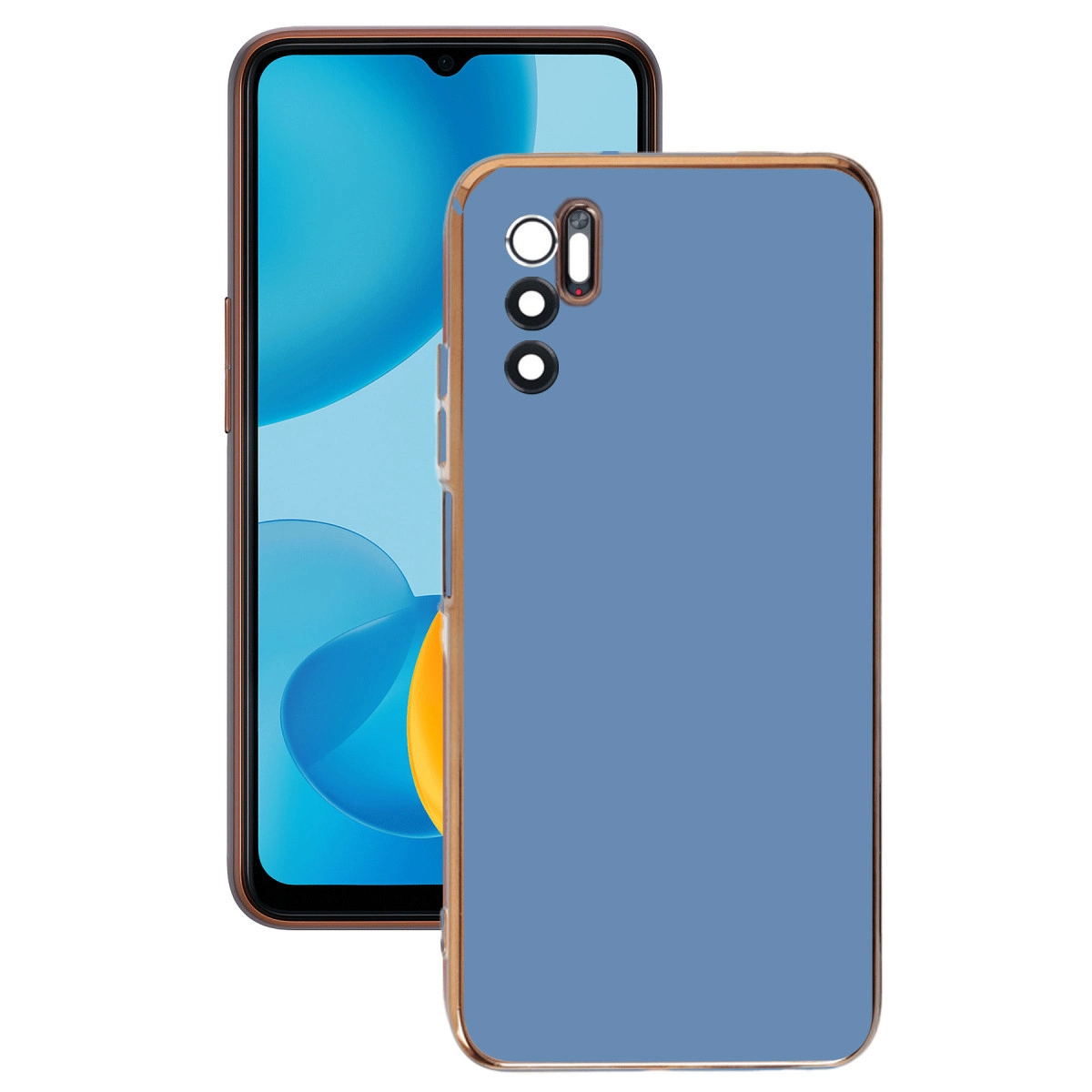 Altın çerçeveli mavi telefon ve kamera dizilimi.