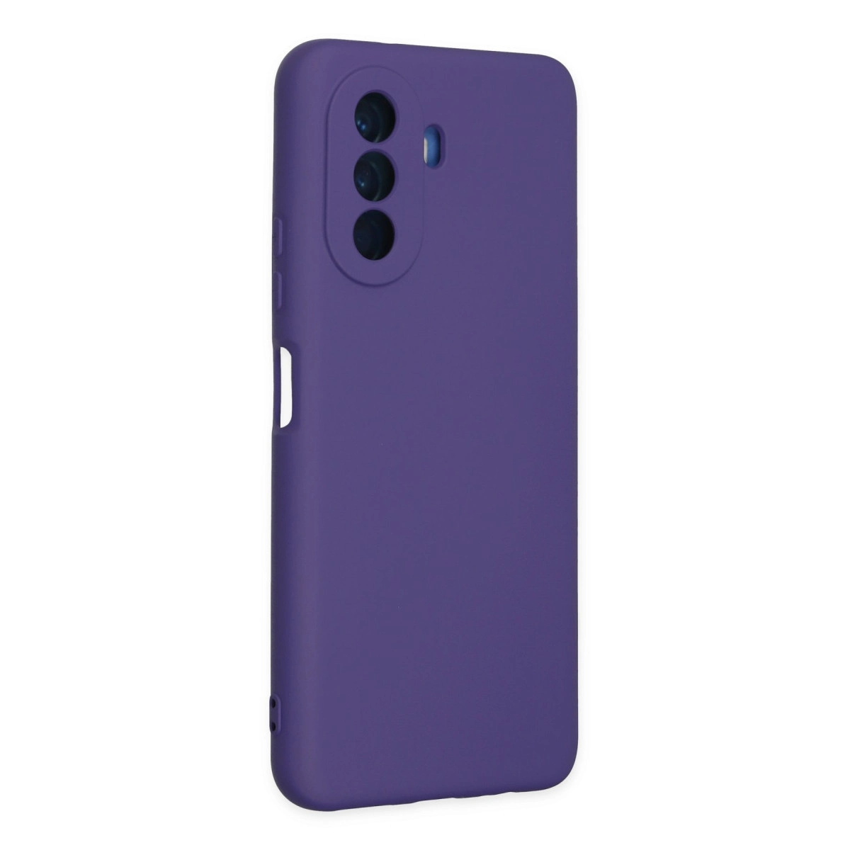 Üç kamera lensli ve flaşlı mor telefon kılıfı.