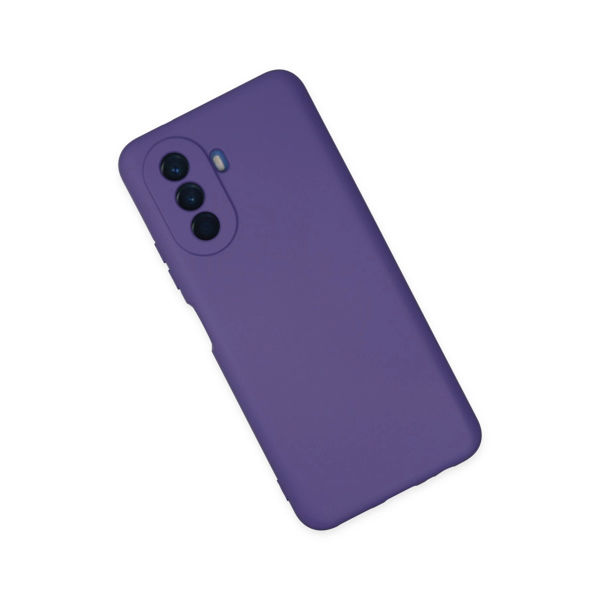 Arkada üç kamera lensi ve flaşlı mor telefon kılıfı.